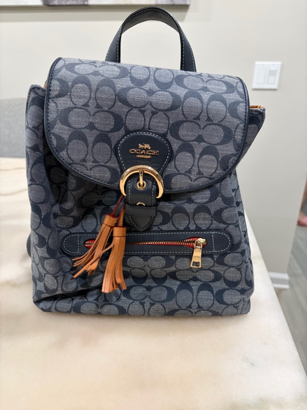Coach Gray Signature Mini Backpack with Tan Tassels & Gold Hardware